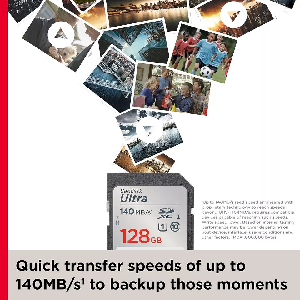 SanDisk 128GB Ultra SDXC UHS-I Memory Card - Up to 140MB/s, C10, U1, Full HD SD