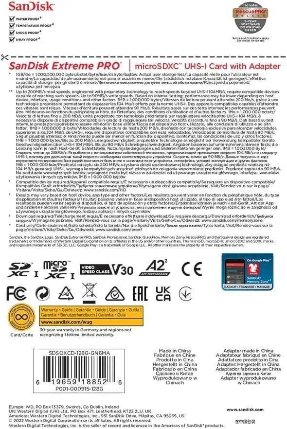 SanDisk 128GB Extreme PRO® microSD™ UHS-I Card with Adapter C10, U3, V30, A2, 20