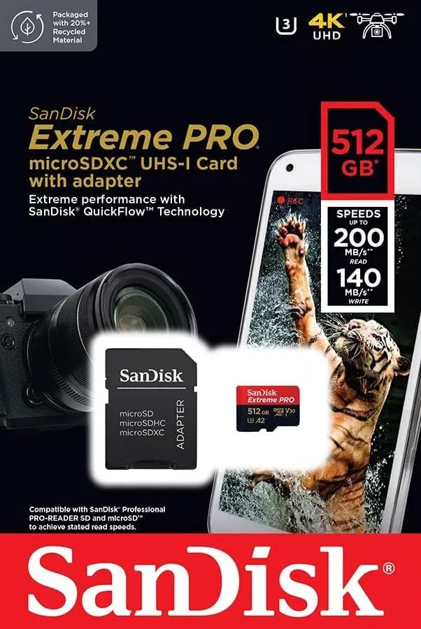 SanDisk Extreme PRO microSDXC UHS-I Memory Card 512 GB + Adapter & RescuePRO Del